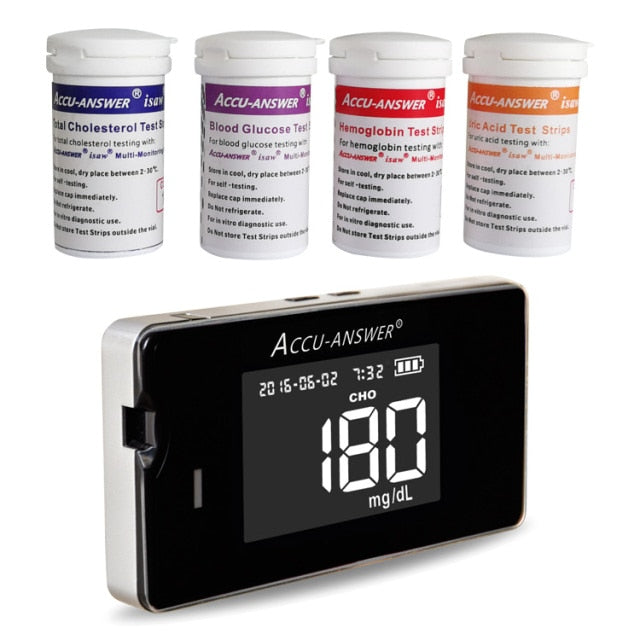 Accu Answer ® - Kit Medidor 4 em 1 (Colesterol, Ácido Úrico, Hemoglobina e Glicose)